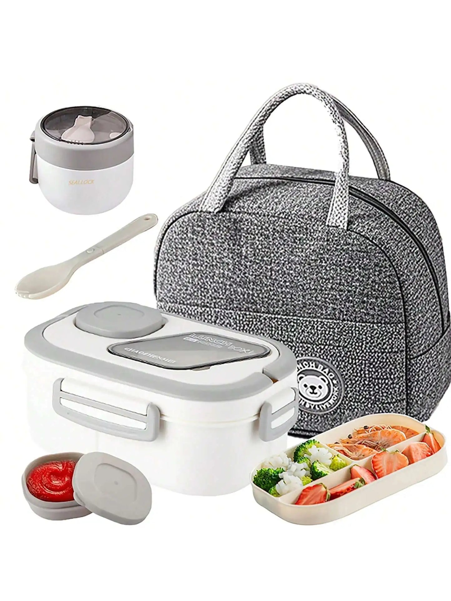 2-Layer Multi-Compartment Lunch Box Set Includes Cutlery And Sauce Container