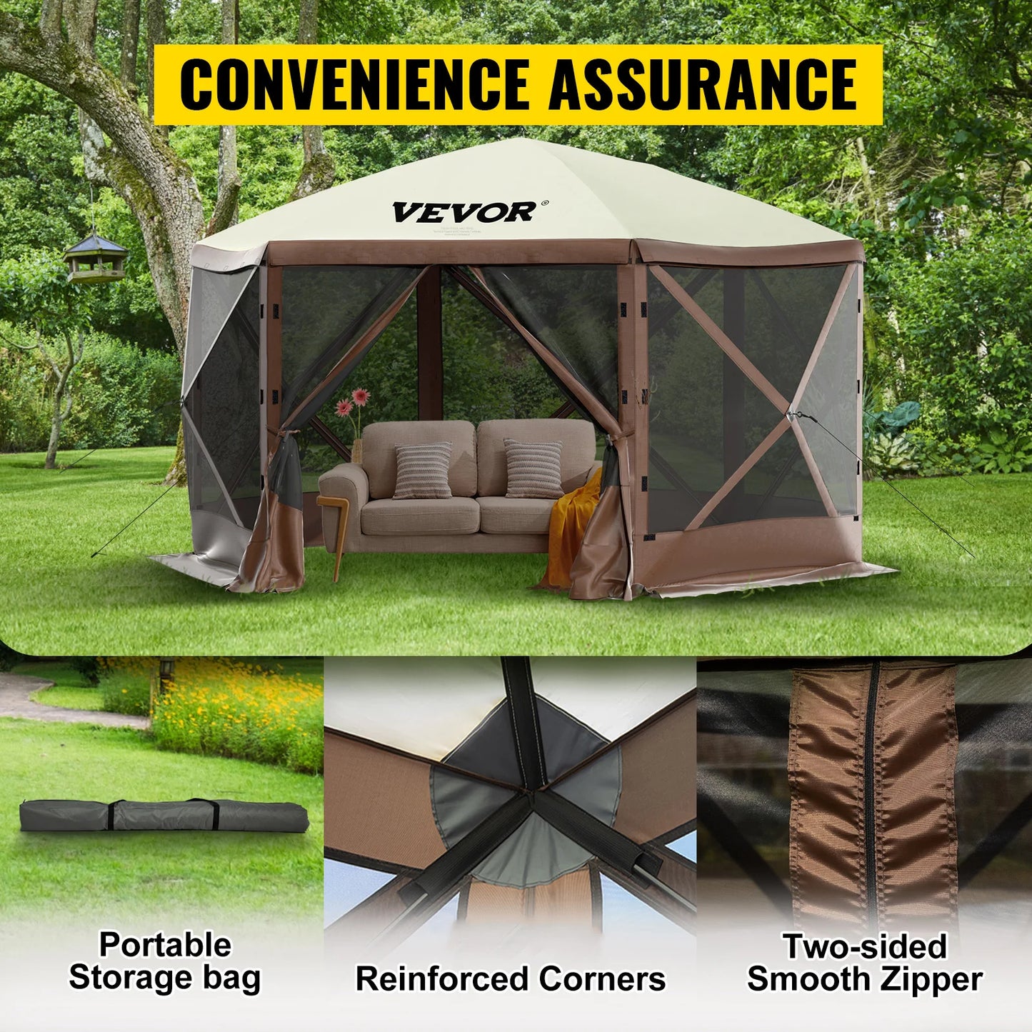 SucceBuy Pop-up Camping Gazebo Canopy 6 Sided 12' x 12' / 10' x 10'
