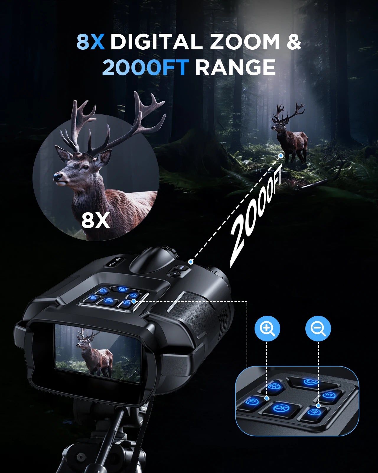 4K Night Vision Binoculars 64GB Memory Card 3inch Screen 8X Digital Zoom With Tactical Light