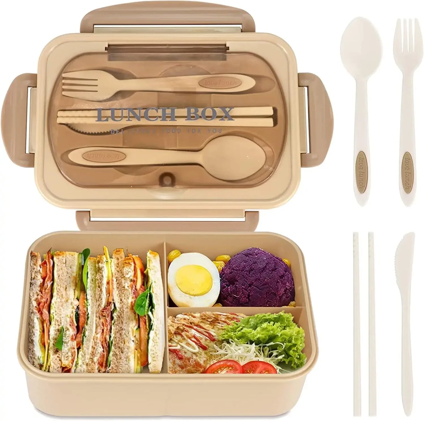 1200ML Bento Lunch Container With Utensils, 3 Compartments, Microwave-Ready