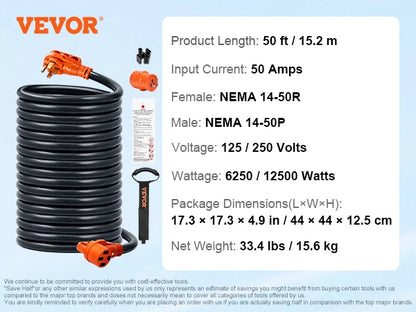 SucceBuy 25/50ft RV Extension Cord 30/50Amp STW RV with LED Indicator Handle 15A Adapter