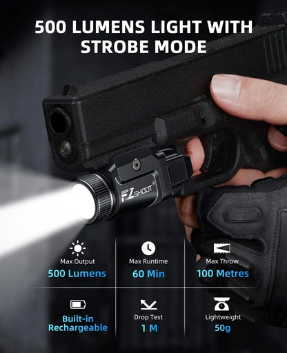 Rechargeable Bright Pistol Flashlight With Strobe Mode For Picatinny and GL Rails