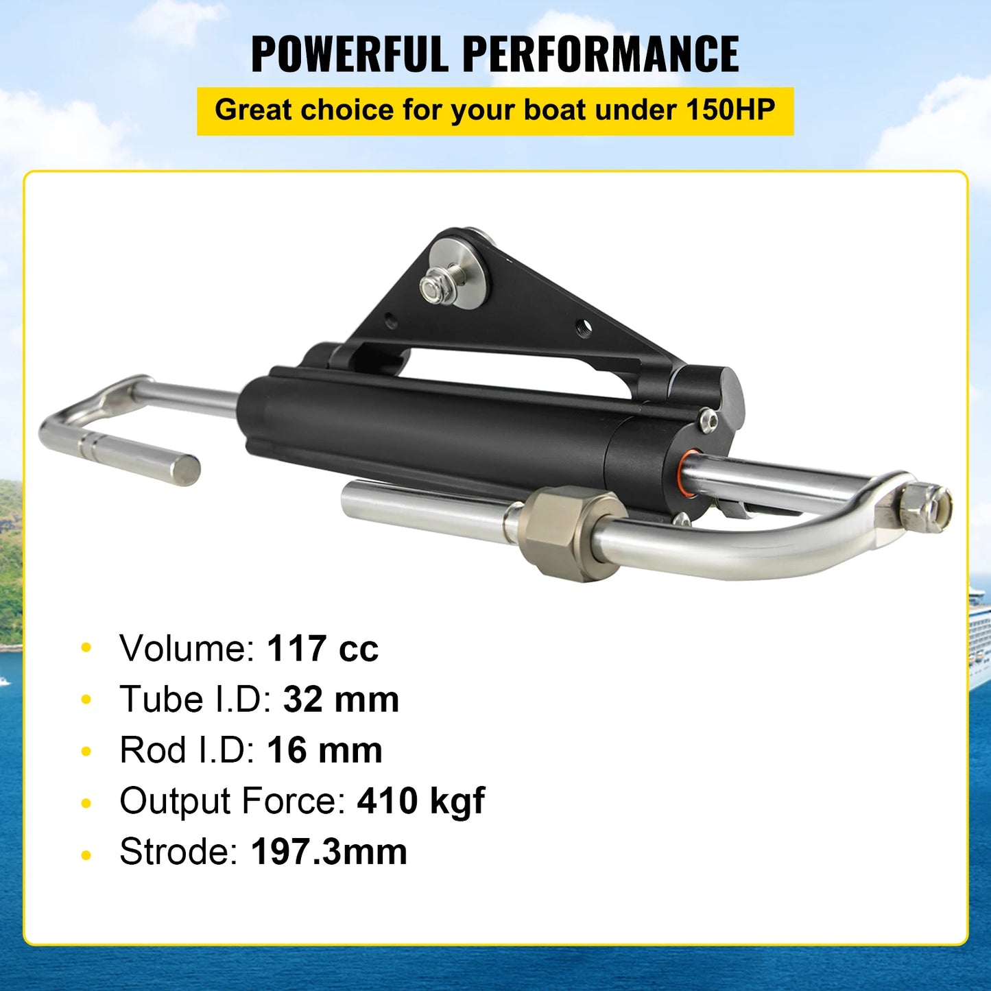SucceBuy Front Mount Hydraulic Outboard Marine Steering Cylinder 150HP HC4645H Fit for Boat Steering