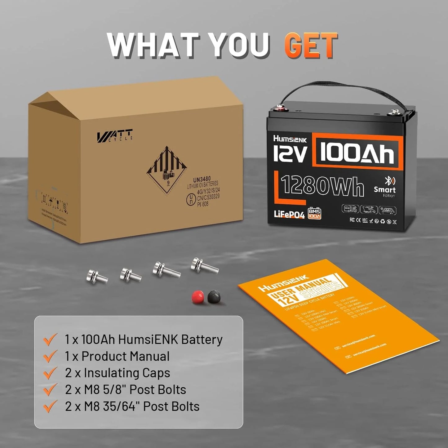 Humsienk 12V 100AH LiFePO4 Lithium Battery 1280Wh With Bluetooth/2-Year Warranty