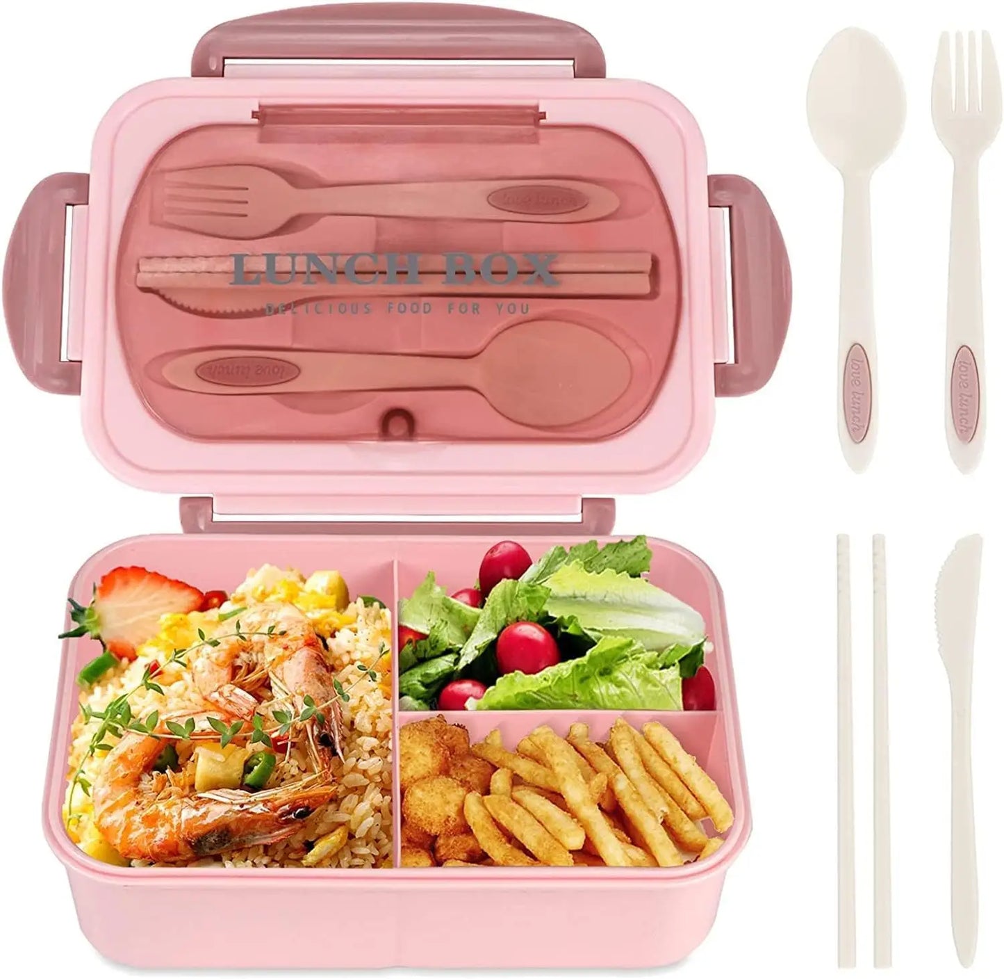 1200ML Bento Lunch Container With Utensils, 3 Compartments, Microwave-Ready