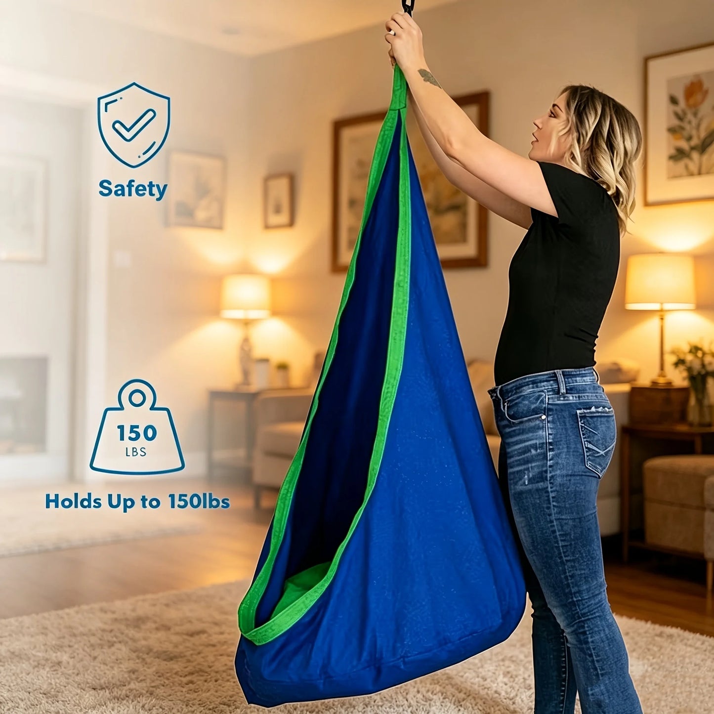 Indoor/Outdoor Hanging Hammock Chair Includes Inflatable Pillow And Cylinder, Storage Bag, Maximum Load Capacity of 264 Pounds, Includes Straps And Screws, Woven Nylon Fabric, No Batteries